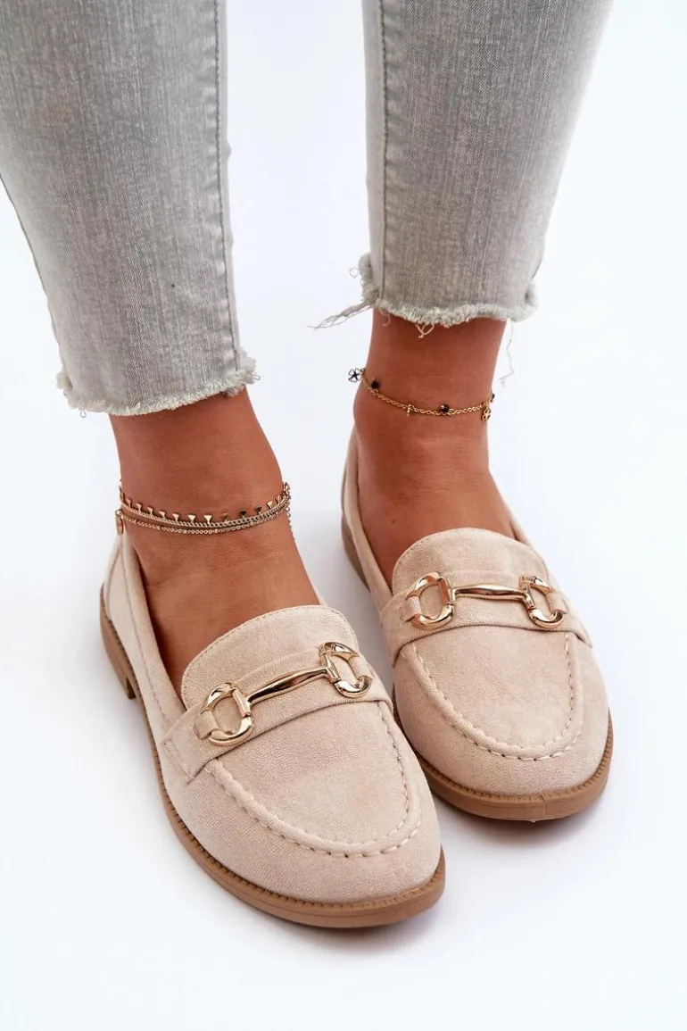 Mokasyny Damskie Na Płaskim Obcasie Z Ozdobą Beżowe Aviole