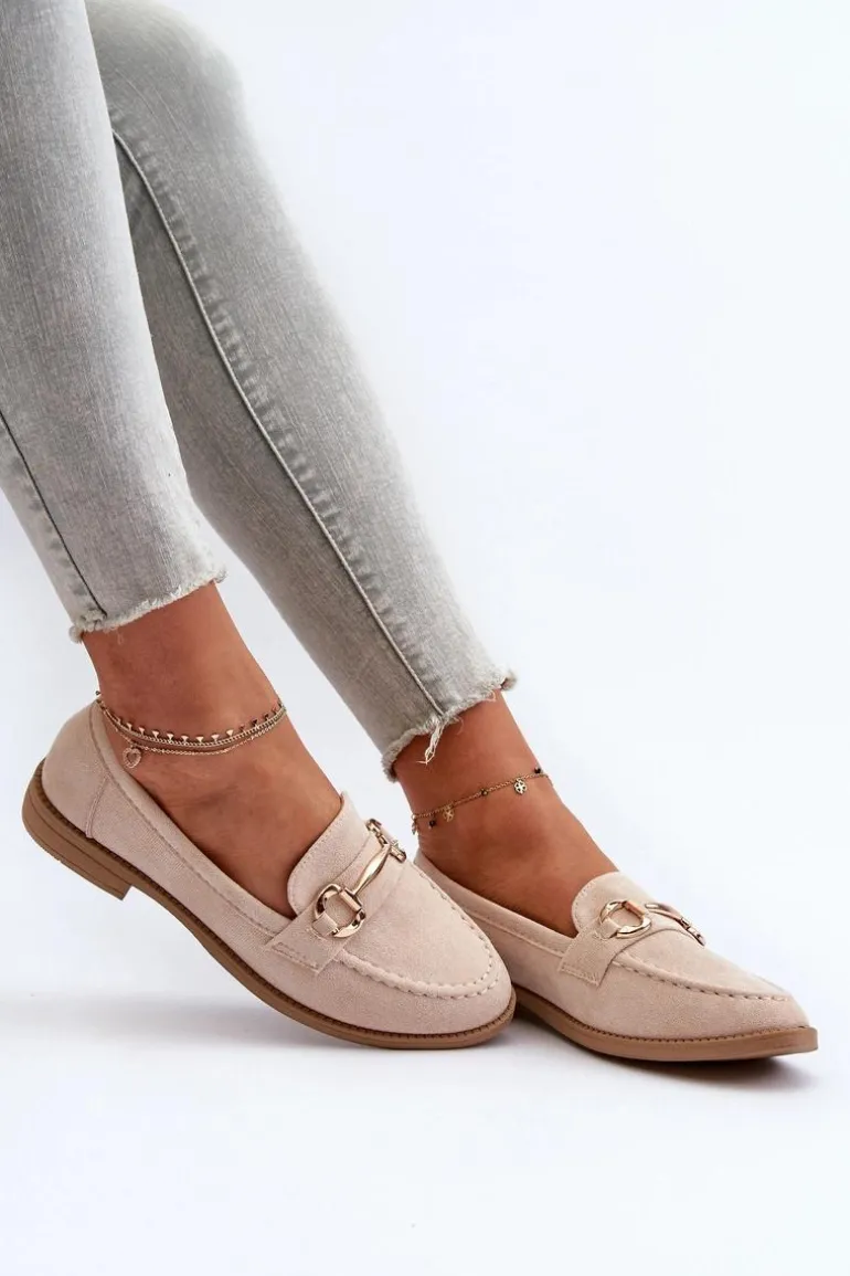 Mokasyny Damskie Na Płaskim Obcasie Z Ozdobą Beżowe Aviole