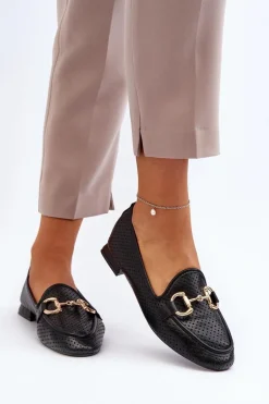 Mokasyny Damskie Na Płaskim Obcasie Z Ozdobą Czarne Iluvana