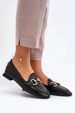 Mokasyny Damskie Na Płaskim Obcasie Z Ozdobą Czarne Iluvana