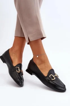 Mokasyny Damskie Na Płaskim Obcasie Z Ozdobą Czarne Iluvana