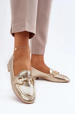 Mokasyny Damskie Na Płaskim Obcasie Z Ozdobą Złote Iluvana