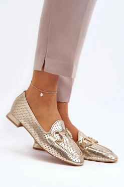 Mokasyny Damskie Na Płaskim Obcasie Z Ozdobą Złote Iluvana