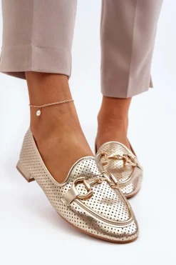 Mokasyny Damskie Na Płaskim Obcasie Z Ozdobą Złote Iluvana