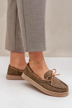 Mokasyny Damskie Na Płaskiej Podeszwie Ciemnozielone Timannie