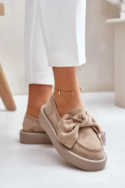 Mokasyny Damskie Na Platformie Z Kokardą Beżowe Naivine