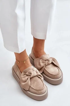 Mokasyny Damskie Na Platformie Z Kokardą Beżowe Naivine