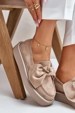 Mokasyny Damskie Na Platformie Z Kokardą Beżowe Naivine