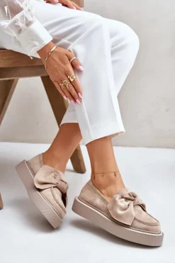 Mokasyny Damskie Na Platformie Z Kokardą Beżowe Naivine