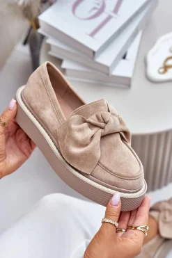 Mokasyny Damskie Na Platformie Z Kokardą Beżowe Naivine