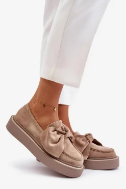 Mokasyny Damskie Na Platformie Z Kokardą Beżowe Naivine