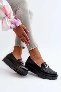 Mokasyny Damskie Na Platformie Z Ozdobą Czarne Kaldina