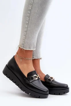 Mokasyny Damskie Na Platformie Z Ozdobą Czarne Kaldina