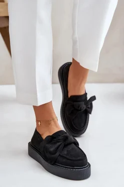 Mokasyny Damskie Na Platformie Z Kokardą Czarne Naivine