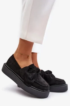 Mokasyny Damskie Na Platformie Z Kokardą Czarne Naivine