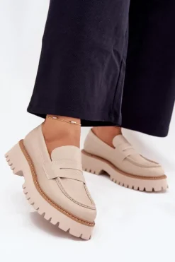 Mokasyny Damskie Na Platformie I Płaskim Obcasie Big Star NN274050 Beżowe