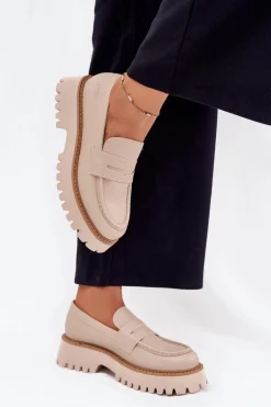 Mokasyny Damskie Na Platformie I Płaskim Obcasie Big Star NN274050 Beżowe