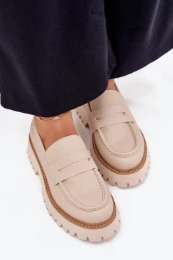 Mokasyny Damskie Na Platformie I Płaskim Obcasie Big Star NN274050 Beżowe