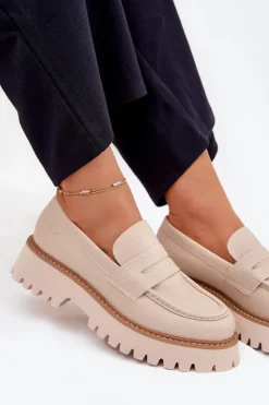 Mokasyny Damskie Na Platformie I Płaskim Obcasie Big Star NN274050 Beżowe