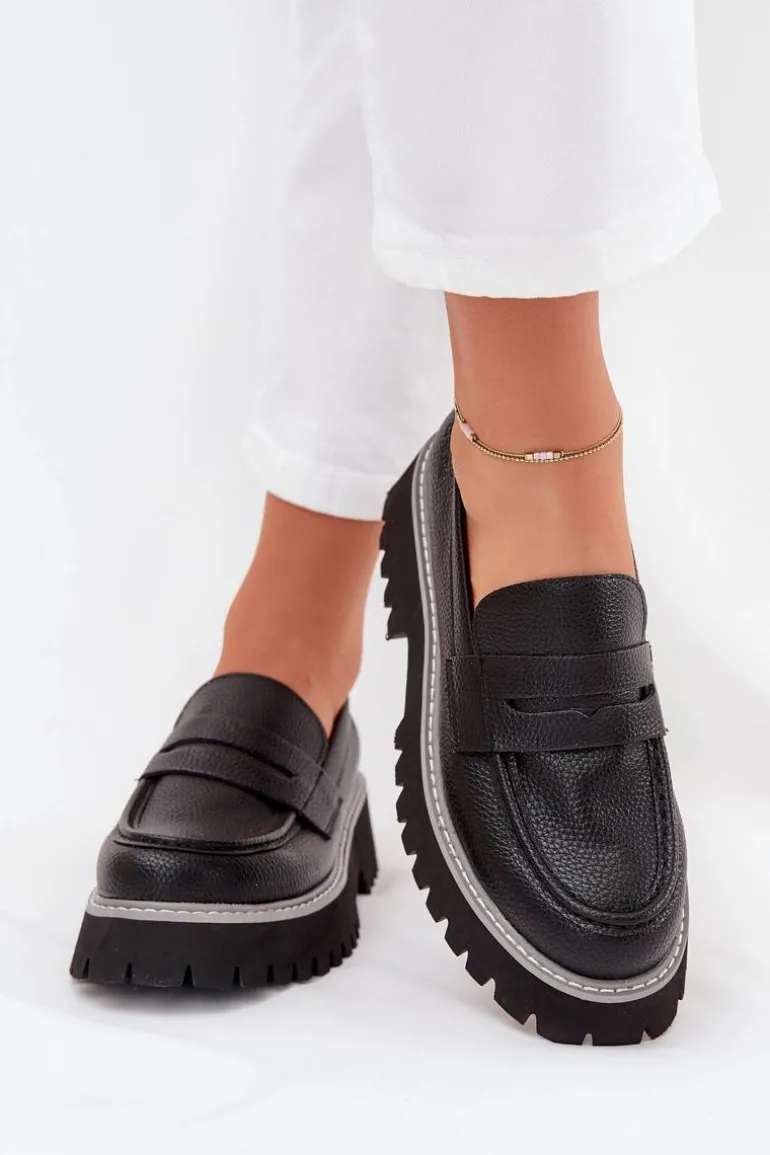 Mokasyny Damskie Na Platformie I Płaskim Obcasie Big Star NN274049 Czarne