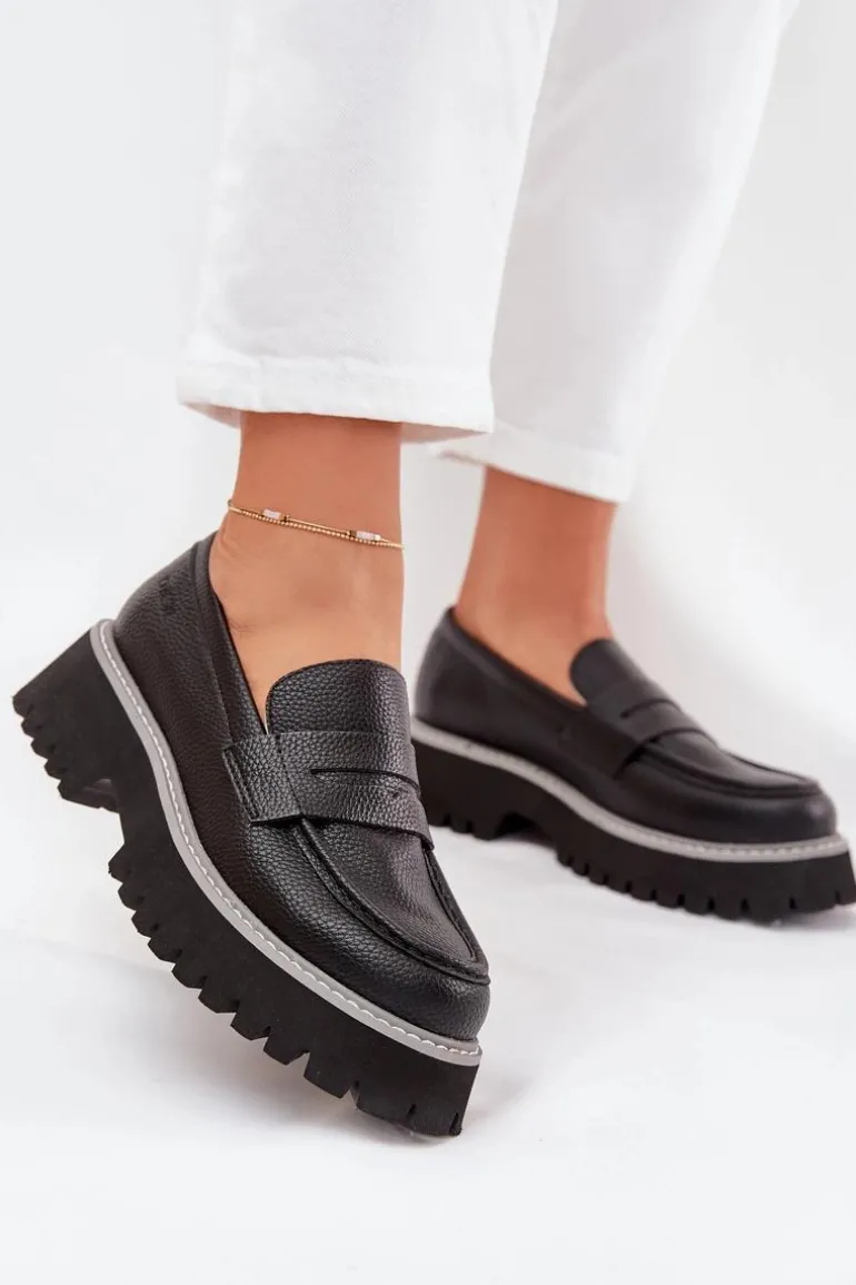 Mokasyny Damskie Na Platformie I Płaskim Obcasie Big Star NN274049 Czarne