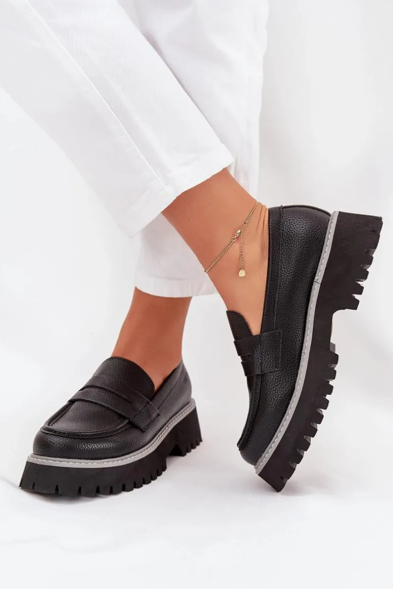 Mokasyny Damskie Na Platformie I Płaskim Obcasie Big Star NN274049 Czarne