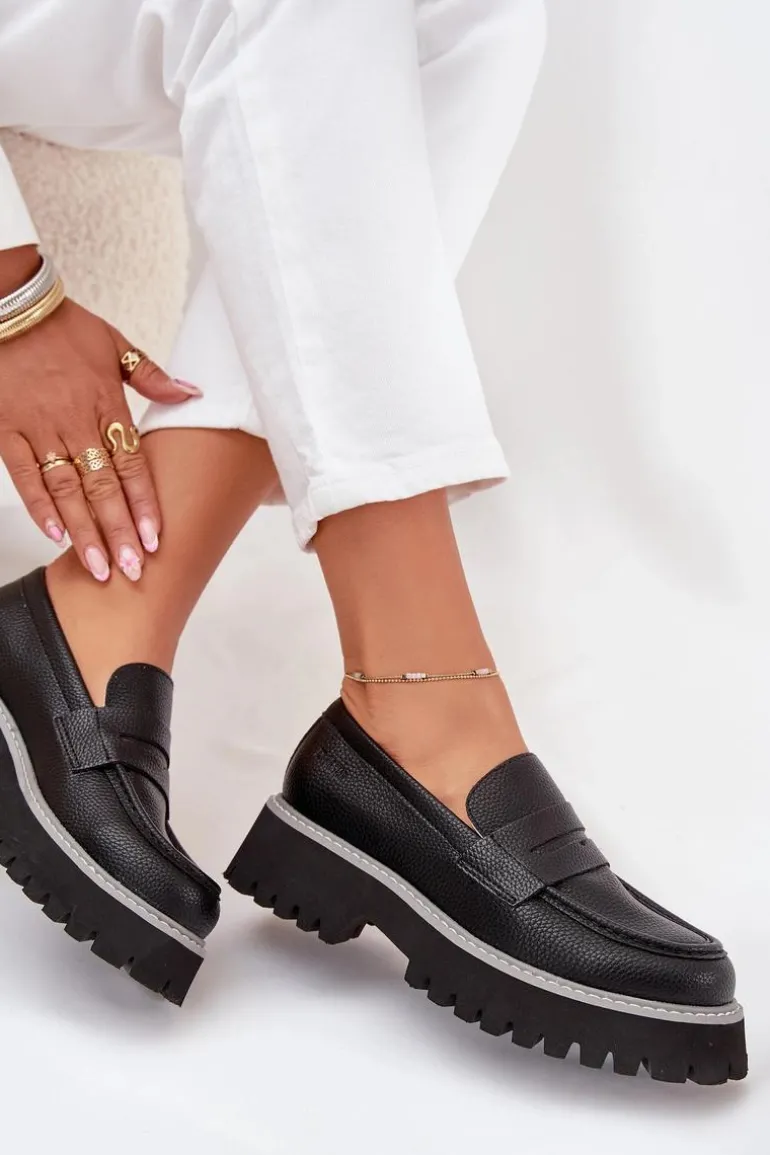 Mokasyny Damskie Na Platformie I Płaskim Obcasie Big Star NN274049 Czarne