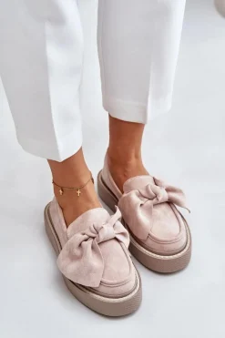 Mokasyny Damskie Na Platformie Z Kokardą Pudrowy Róż Naivine