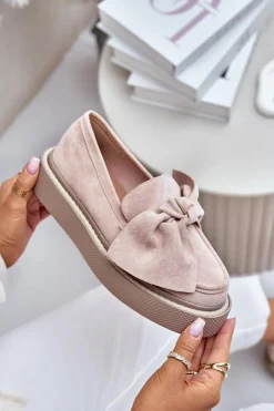 Mokasyny Damskie Na Platformie Z Kokardą Pudrowy Róż Naivine