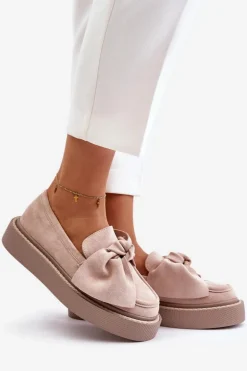 Mokasyny Damskie Na Platformie Z Kokardą Pudrowy Róż Naivine