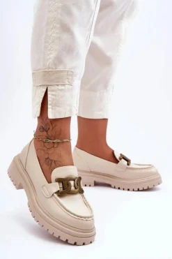 Mokasyny Damskie Na Platformie Z Ozdobą Beżowe Ameg