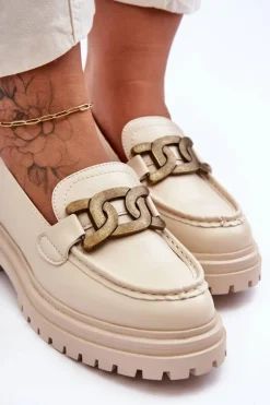 Mokasyny Damskie Na Platformie Z Ozdobą Beżowe Ameg