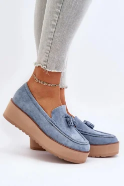 Mokasyny Damskie Na Platformie Z Frędzlami Niebieskie Mialani
