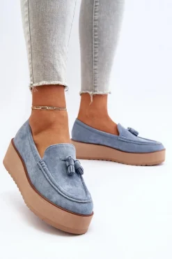 Mokasyny Damskie Na Platformie Z Frędzlami Niebieskie Mialani