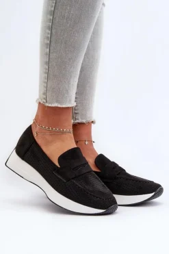 Mokasyny Damskie Na Platformie Eko Zamszowe Czarne Inesqua