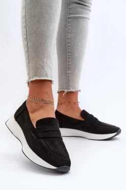 Mokasyny Damskie Na Platformie Eko Zamszowe Czarne Inesqua