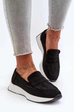Mokasyny Damskie Na Platformie Eko Zamszowe Czarne Inesqua