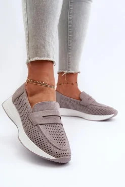 Mokasyny Damskie Na Platformie Eko Zamszowe Szare Inesqua