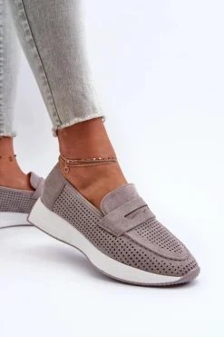 Mokasyny Damskie Na Platformie Eko Zamszowe Szare Inesqua