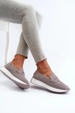 Mokasyny Damskie Na Platformie Eko Zamszowe Szare Inesqua