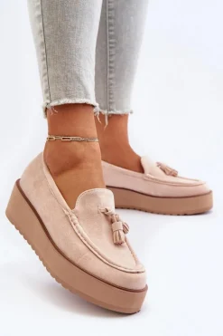 Mokasyny Damskie Na Platformie Z Frędzlami Jasnobeżowe Mialani