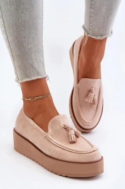 Mokasyny Damskie Na Platformie Z Frędzlami Jasnobeżowe Mialani