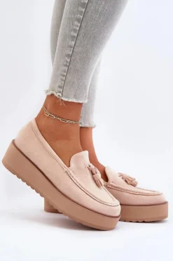 Mokasyny Damskie Na Platformie Z Frędzlami Jasnobeżowe Mialani