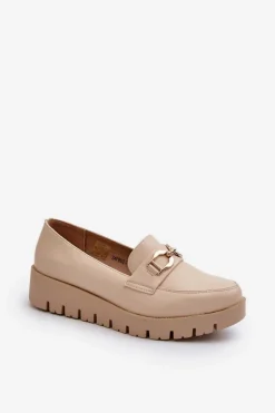 Mokasyny Damskie Na Platformie Z Ozdobą Jasnobeżowe Kaldina