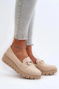 Mokasyny Damskie Na Platformie Z Ozdobą Jasnobeżowe Kaldina