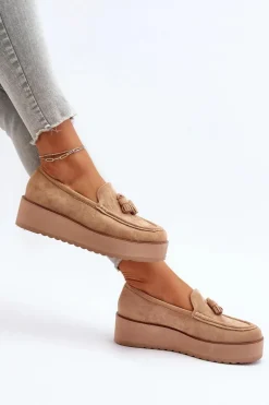 Mokasyny Damskie Na Platformie Z Frędzlami Brązowe Mialani