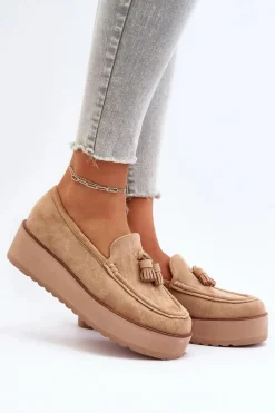 Mokasyny Damskie Na Platformie Z Frędzlami Brązowe Mialani