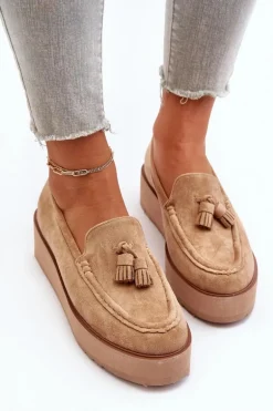 Mokasyny Damskie Na Platformie Z Frędzlami Brązowe Mialani