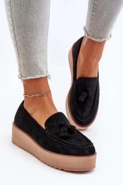 Mokasyny Damskie Na Platformie Z Frędzlami Czarne Mialani