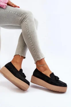 Mokasyny Damskie Na Platformie Z Frędzlami Czarne Mialani